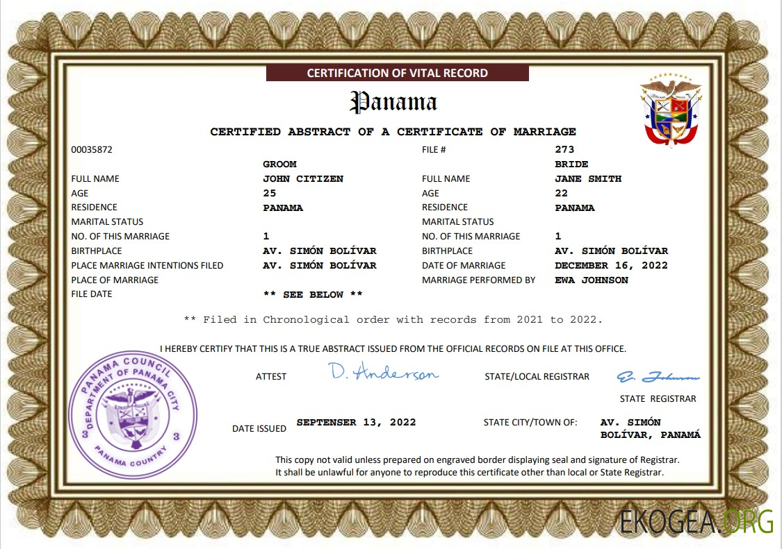 Modèle Word et PDF d'acte de mariage au Panama